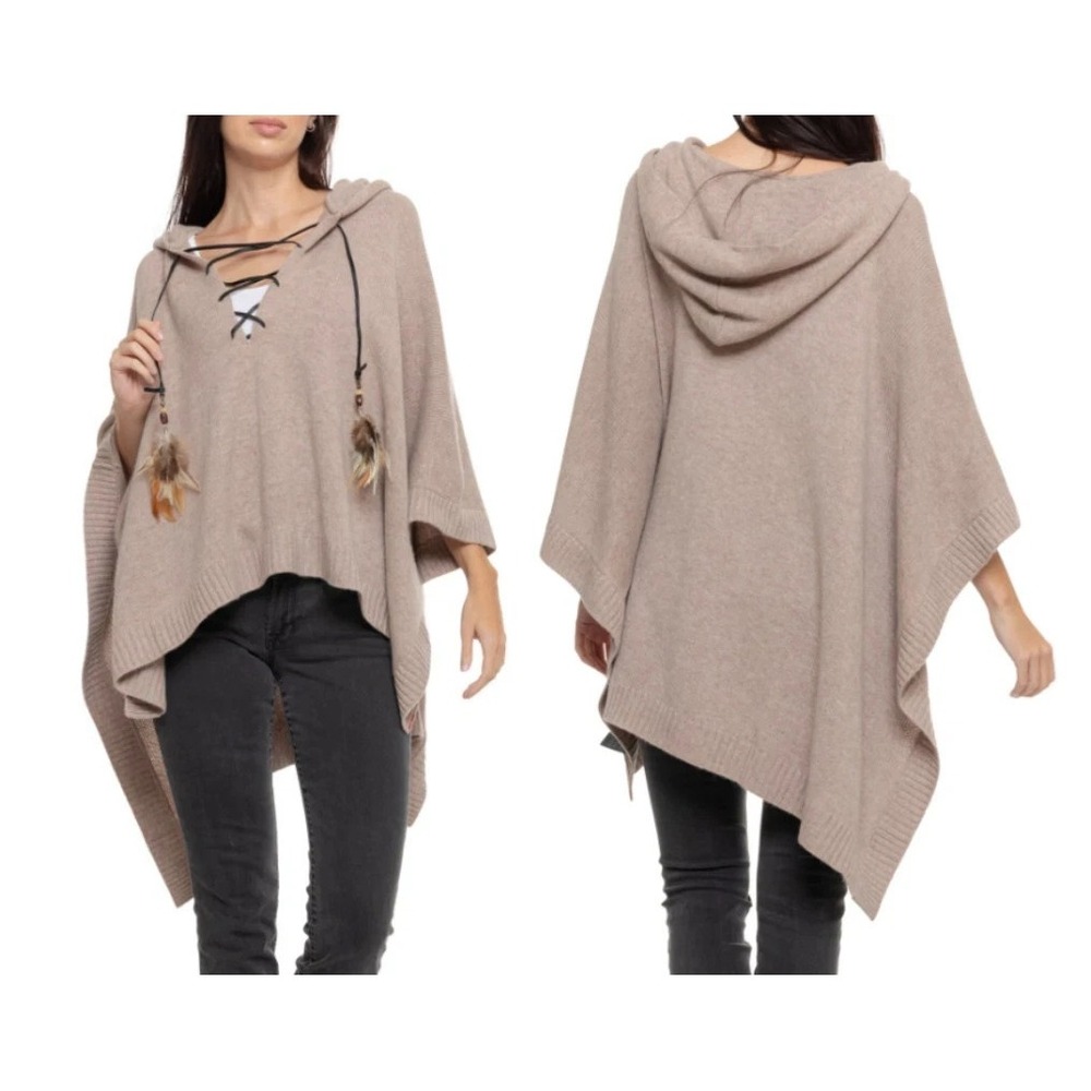 Greyson Elu Wool-Cashmere Blend Hooded Kaftan Poncho‎ Cape Fawn Heather One Size